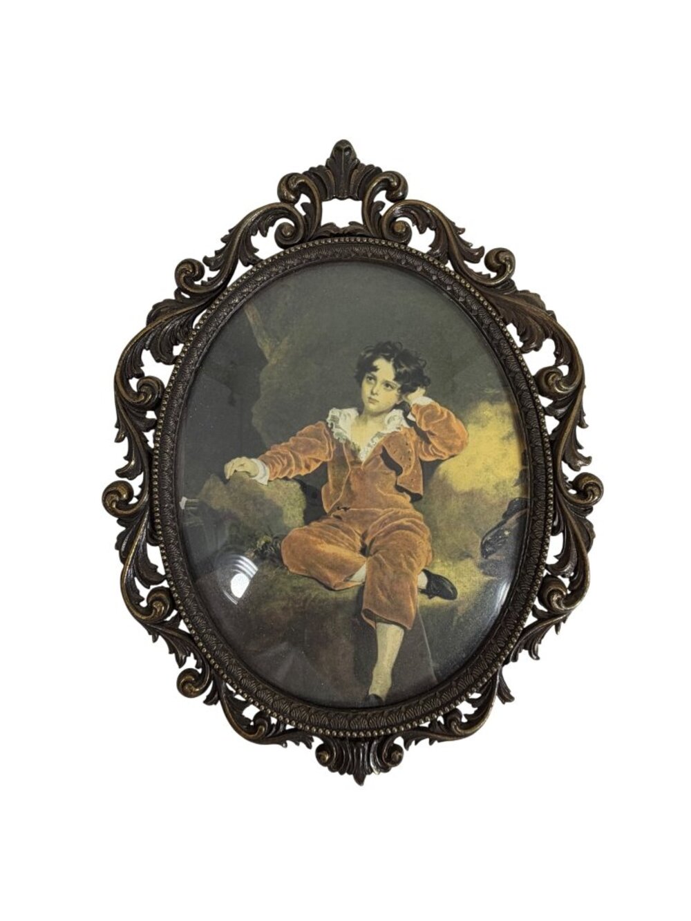 Vintage Italian Ornate Oval Brass Framed Bubble Glass 'The Red Boy" Art Print